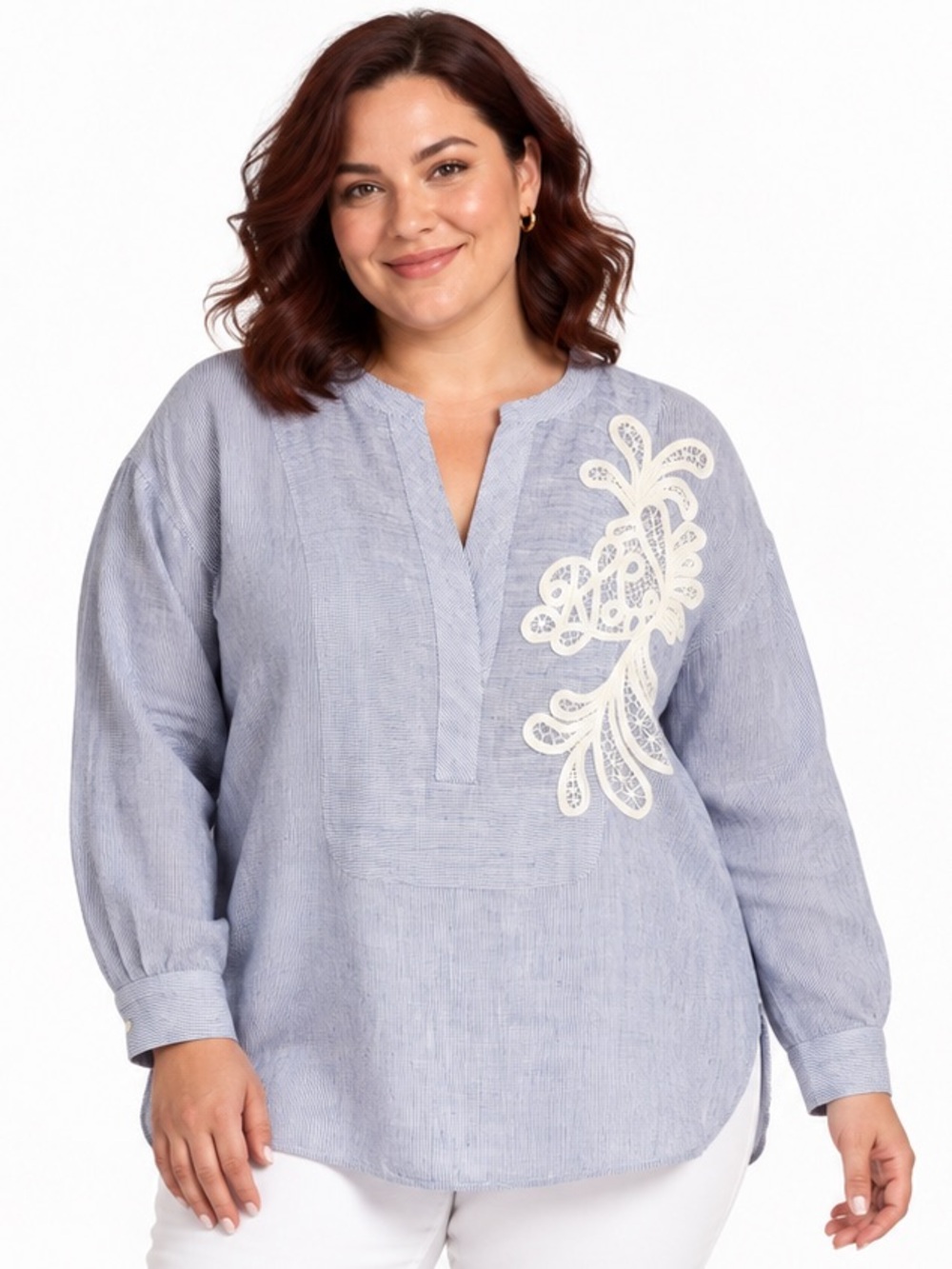 Lauren Ralph Lauren 100% Linen Striped Lace Appliqué Tunic Blouse Blue 3X